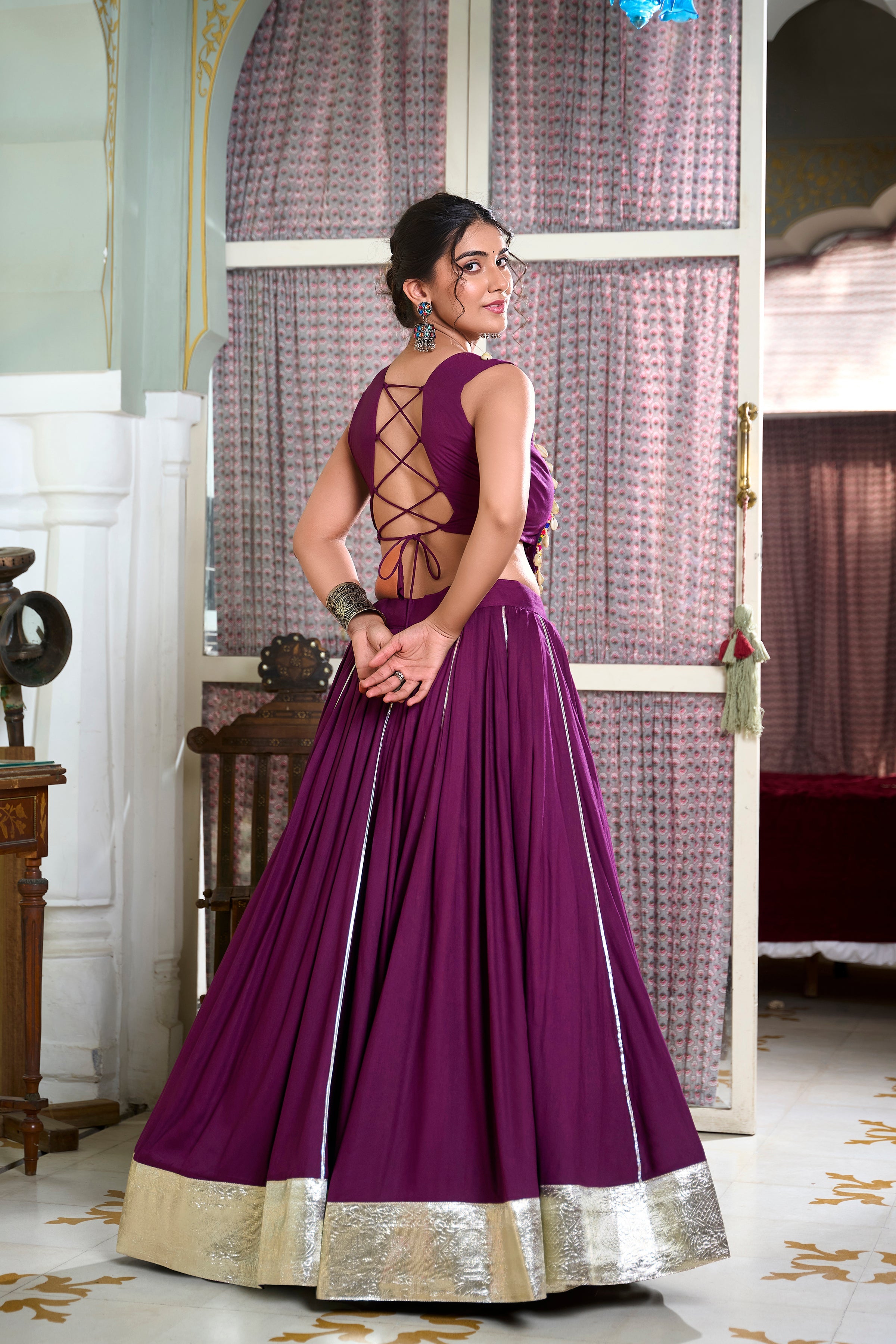 Lorenvalley Wine Rayon Plain And Lace Border With Gotta Patti Touch Up Lehenga Choli | Grocsy