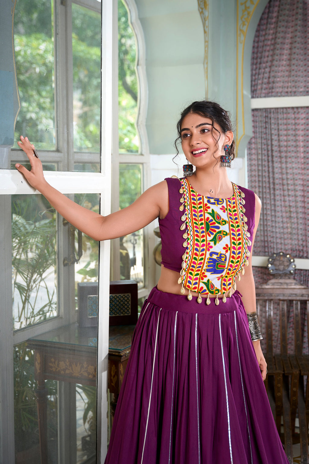 Lorenvalley Wine Rayon Plain And Lace Border With Gotta Patti Touch Up Lehenga Choli | Grocsy