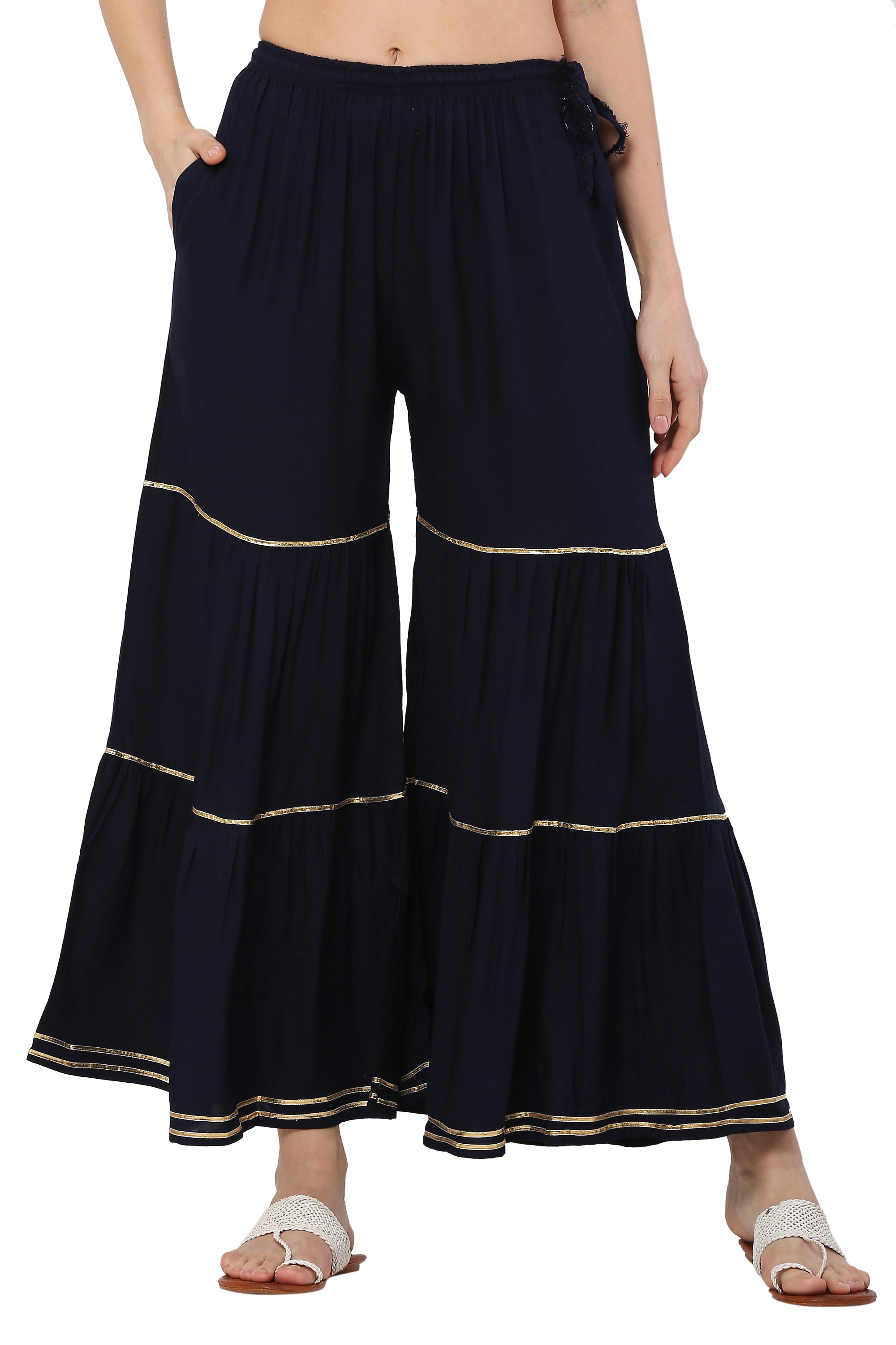 PAVONINE Navy Blue Color 3-Panels Golden Gota Flared Sharara For Women | Grocsy
