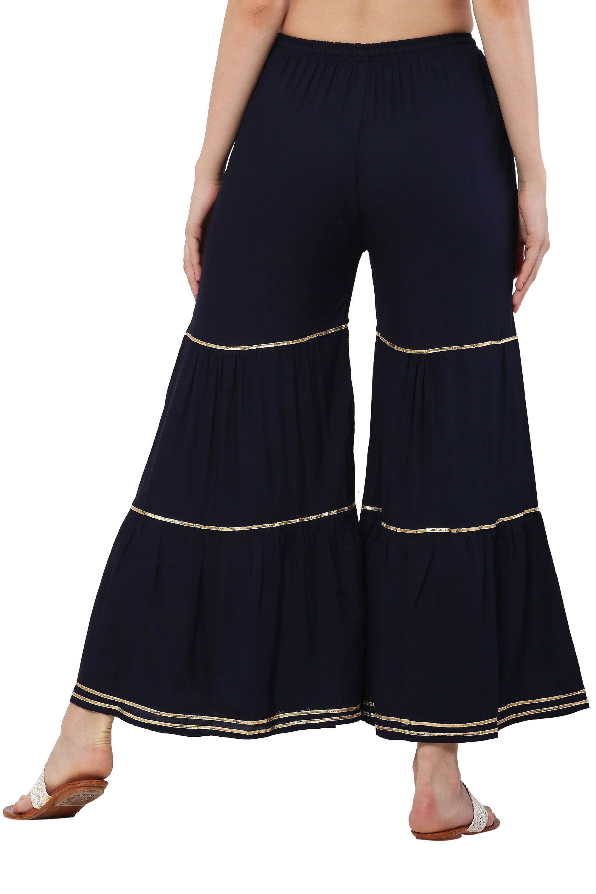 PAVONINE Navy Blue Color 3-Panels Golden Gota Flared Sharara For Women | Grocsy