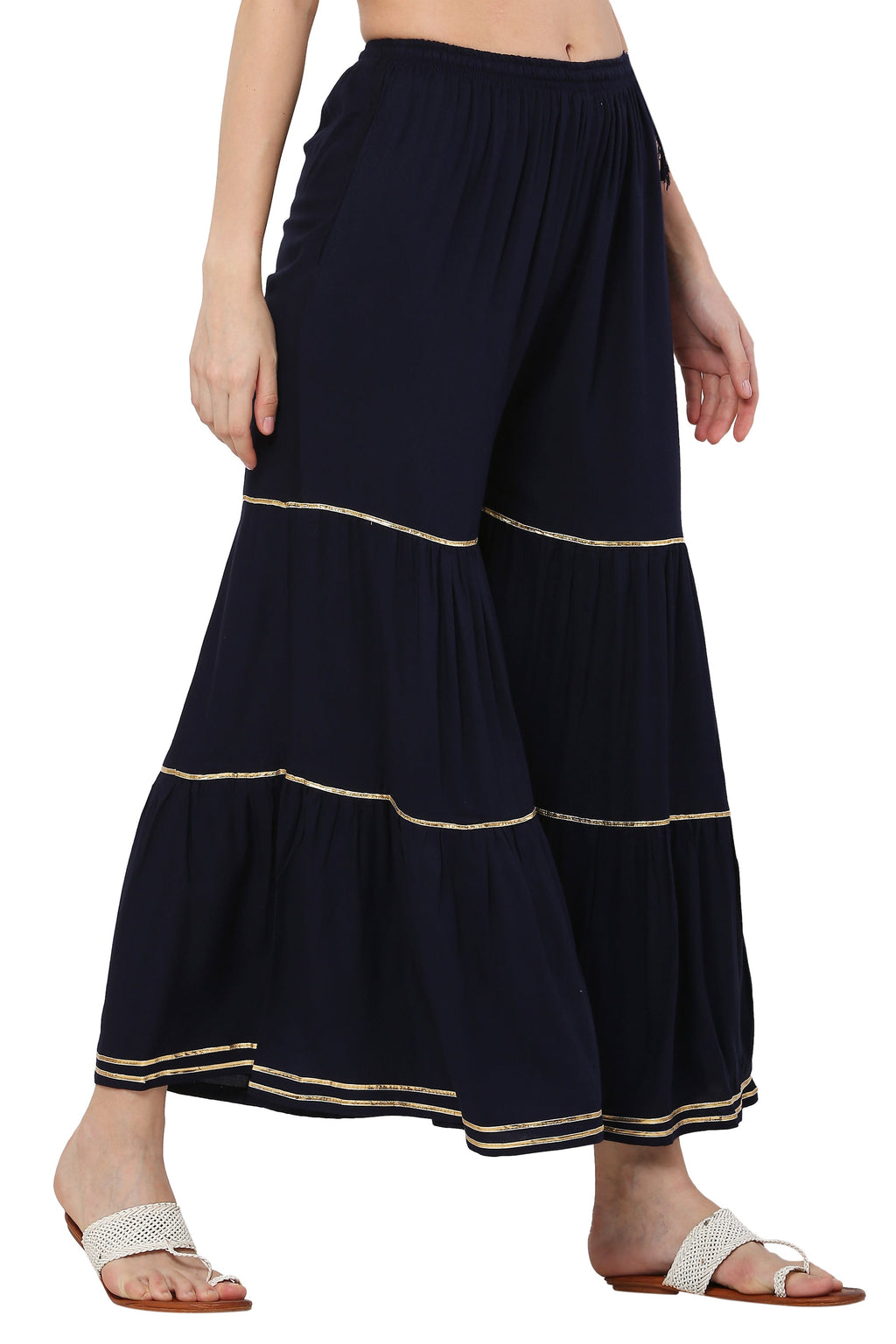 PAVONINE Navy Blue Color 3-Panels Golden Gota Flared Sharara For Women | Grocsy