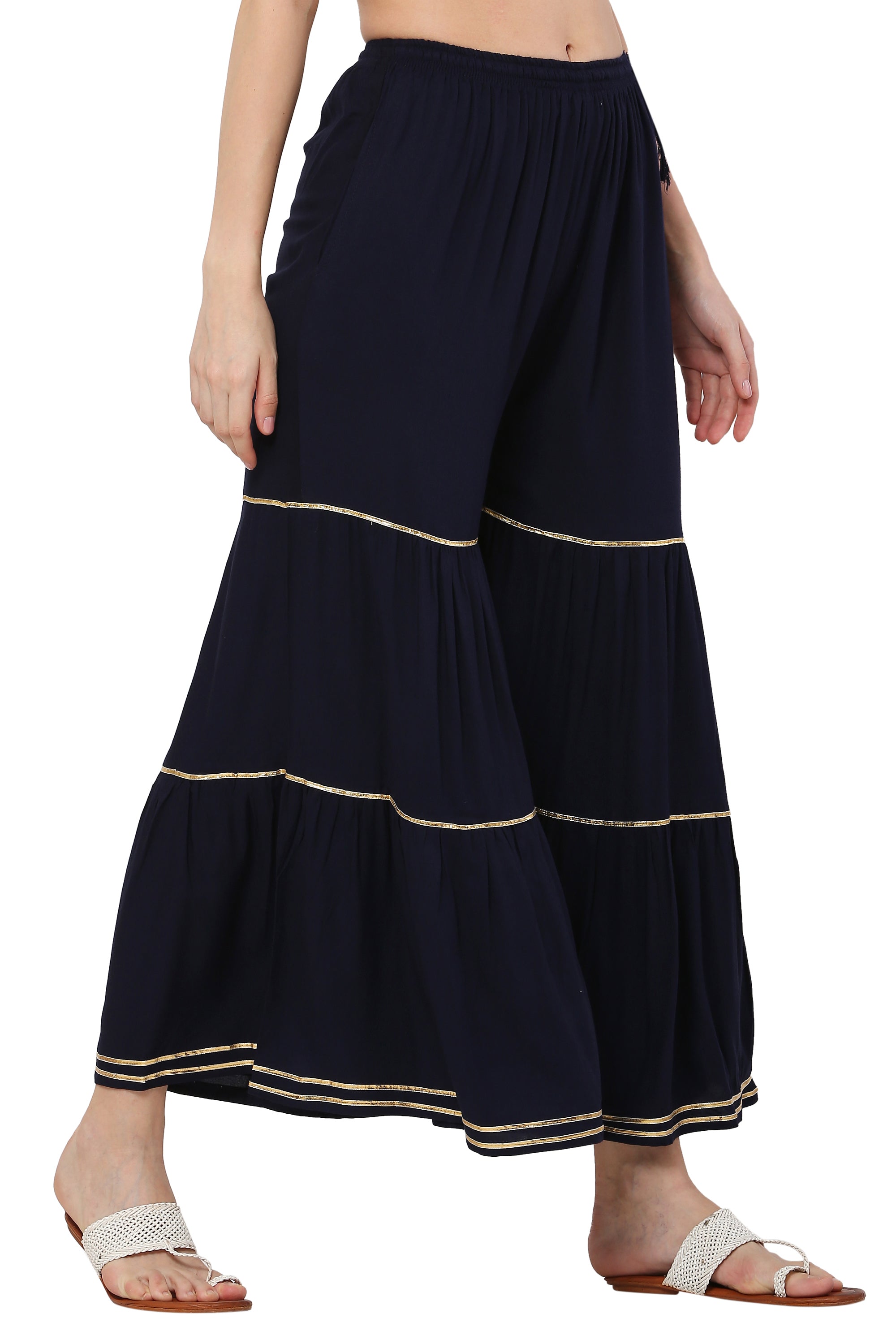 PAVONINE Navy Blue Color 3-Panels Golden Gota Flared Sharara For Women | Grocsy