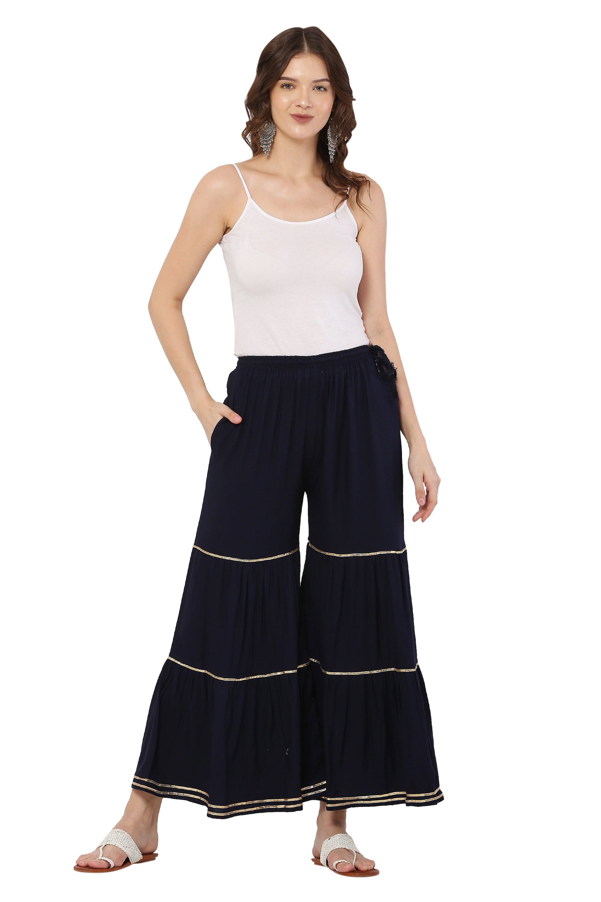 PAVONINE Navy Blue Color 3-Panels Golden Gota Flared Sharara For Women | Grocsy