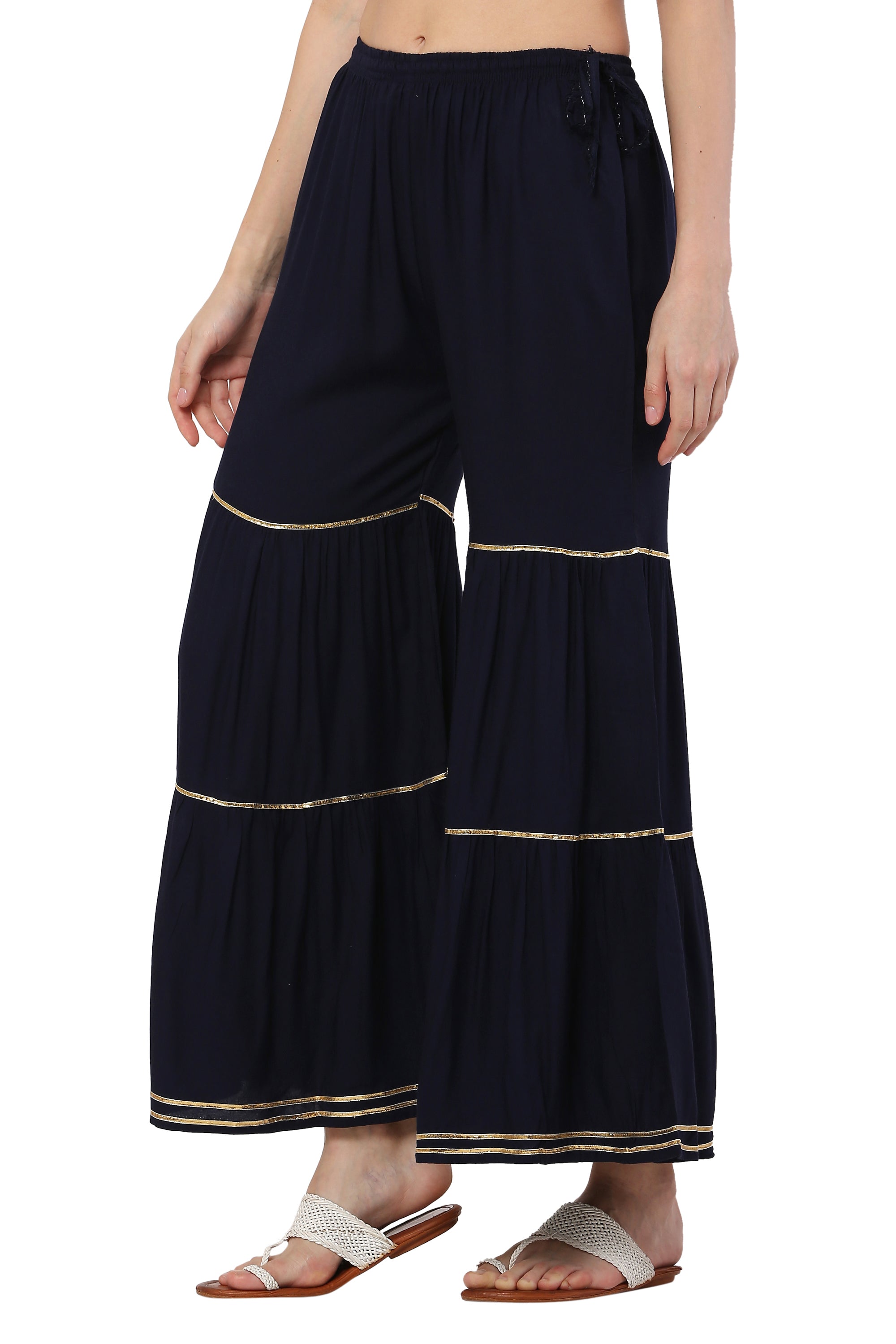 PAVONINE Navy Blue Color 3-Panels Golden Gota Flared Sharara For Women | Grocsy