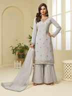 Myra Grey Georgette Embroidered Palazzo Suit | Grocsy
