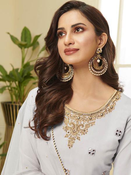 Myra Grey Georgette Embroidered Palazzo Suit | Grocsy