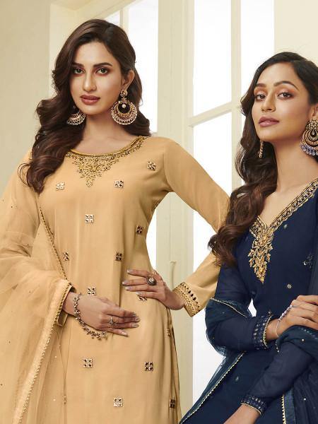 Myra Mustard Yellow Georgette Embroidered Palazzo Suit | Grocsy