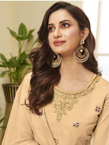Myra Mustard Yellow Georgette Embroidered Palazzo Suit | Grocsy