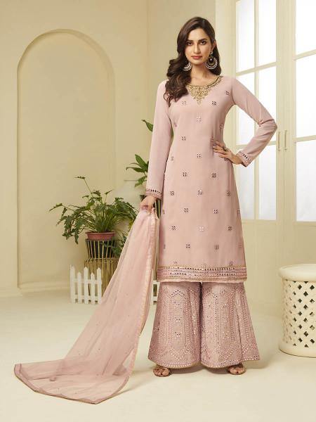 Myra Pink Georgette Embroidered Palazzo Suit | Grocsy