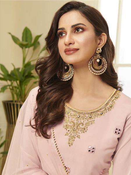 Myra Pink Georgette Embroidered Palazzo Suit | Grocsy