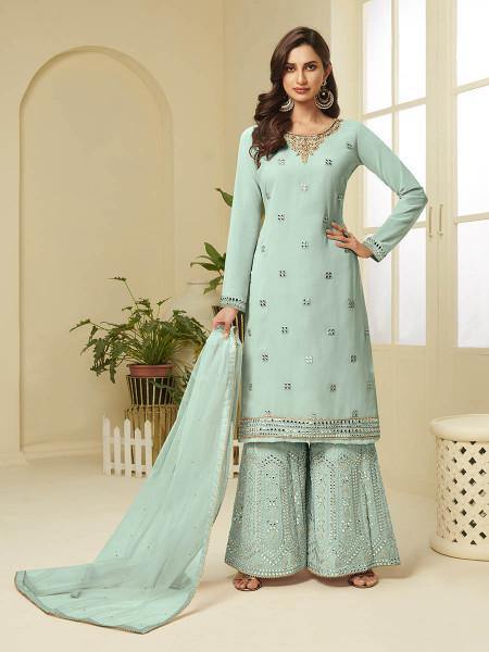 Myra Aqua Blue Georgette Embroidered Palazzo Suit | Grocsy
