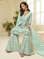 Myra Aqua Blue Georgette Embroidered Palazzo Suit | Grocsy