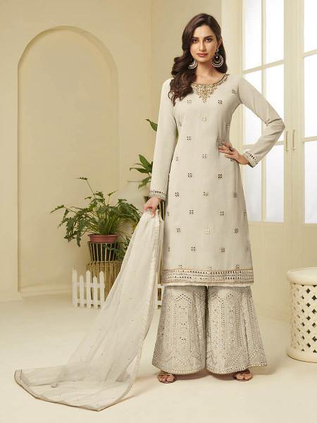 Myra Cream Georgette Embroidered Palazzo Suit | Grocsy