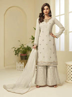 Myra Cream Georgette Embroidered Palazzo Suit | Grocsy
