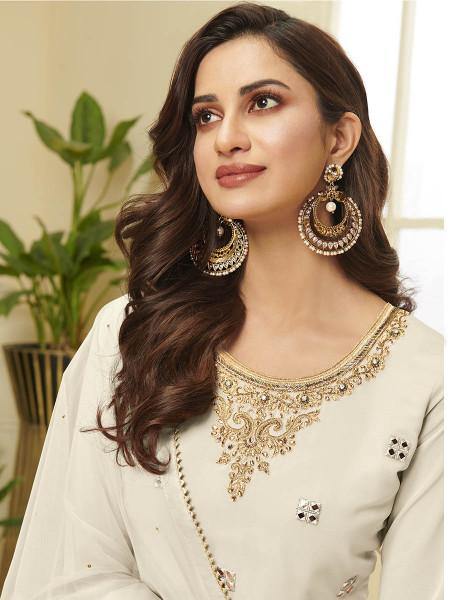Myra Cream Georgette Embroidered Palazzo Suit | Grocsy