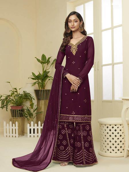 Myra Wine Georgette Embroidered Palazzo Beautiful Suit | Grocsy