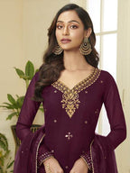 Myra Wine Georgette Embroidered Palazzo Beautiful Suit | Grocsy