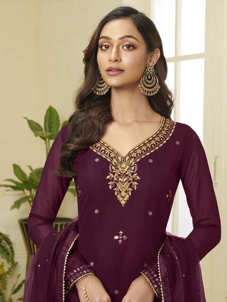 Myra Wine Georgette Embroidered Palazzo Beautiful Suit | Grocsy