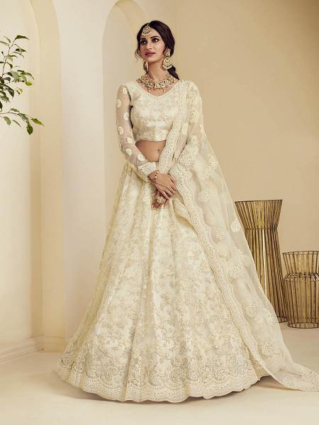 Myra Fashion Off White Heavy Embroidered Net Bridal Lehenga | Grocsy