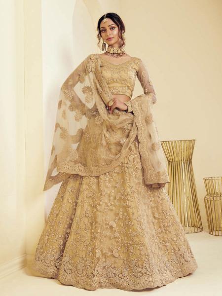 Myra Beautiful Fashion Golden Heavy Embroidered Net Bridal Lehenga | Grocsy