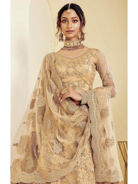 Myra Beautiful Fashion Golden Heavy Embroidered Net Bridal Lehenga | Grocsy