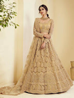 Myra Traditional Golden Heavy Embroidered Net Bridal Lehenga | Grocsy