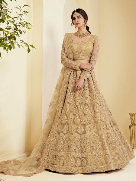 Myra Traditional Golden Heavy Embroidered Net Bridal Lehenga | Grocsy
