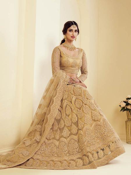 Myra Traditional Golden Heavy Embroidered Net Bridal Lehenga | Grocsy