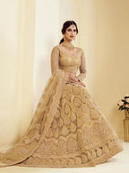 Myra Traditional Golden Heavy Embroidered Net Bridal Lehenga | Grocsy