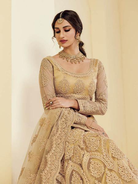 Myra Traditional Golden Heavy Embroidered Net Bridal Lehenga | Grocsy