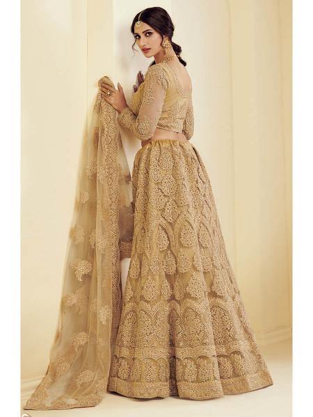 Myra Traditional Golden Heavy Embroidered Net Bridal Lehenga | Grocsy