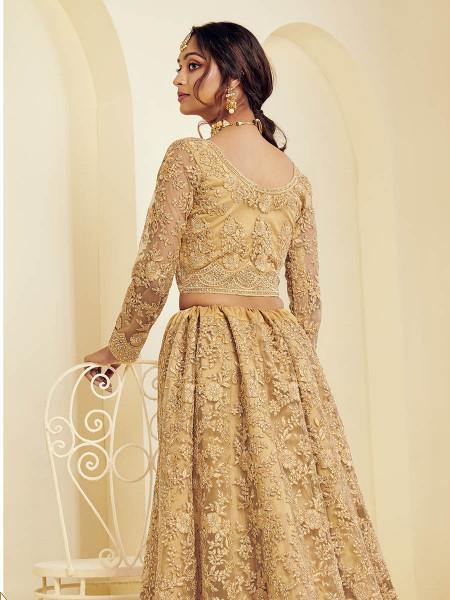Myra Beautiful Golden Heavy Embroidered Net Bridal Lehenga | Grocsy