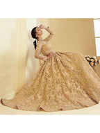 Myra Golden Heavy Embroidered Net bridal Lehenga | Grocsy