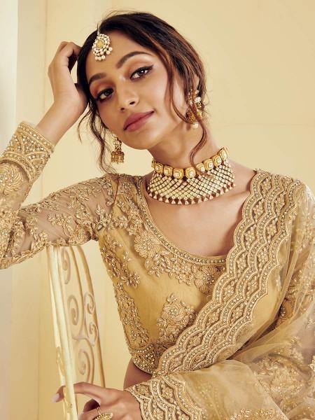 Myra Beautiful Golden Heavy Embroidered Net Bridal Lehenga | Grocsy