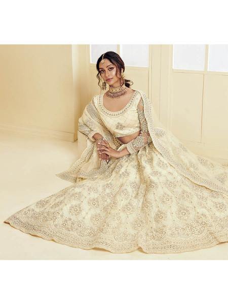 Myra Off White Heavy Embroidered Net Bridal Lehenga | Grocsy