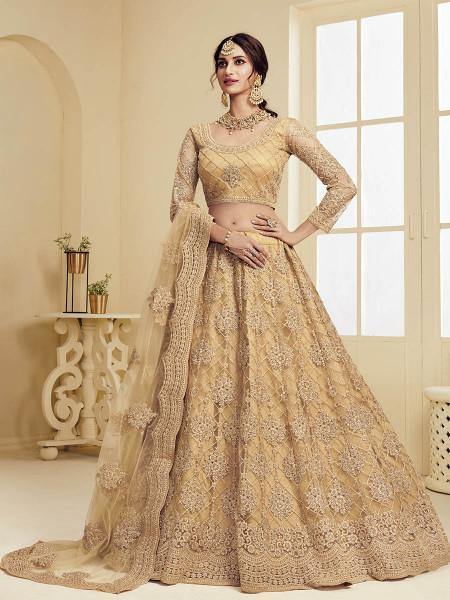 Myra Golden Heavy Embroidered Net Bridal Lehenga | Grocsy