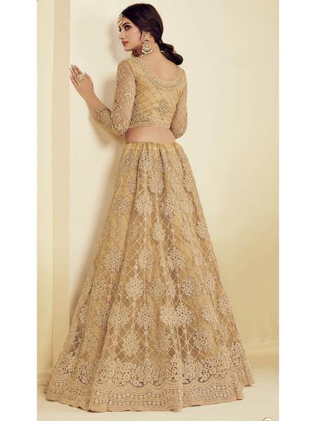 Myra Golden Heavy Embroidered Net Bridal Lehenga | Grocsy