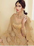Myra Golden Heavy Embroidered Net Bridal Lehenga | Grocsy