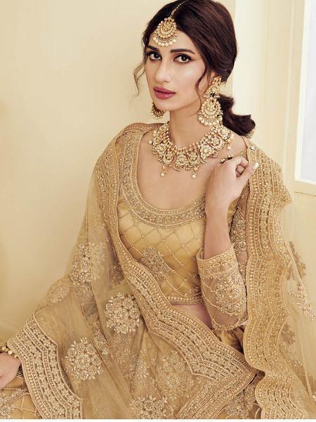 Myra Golden Heavy Embroidered Net Bridal Lehenga | Grocsy