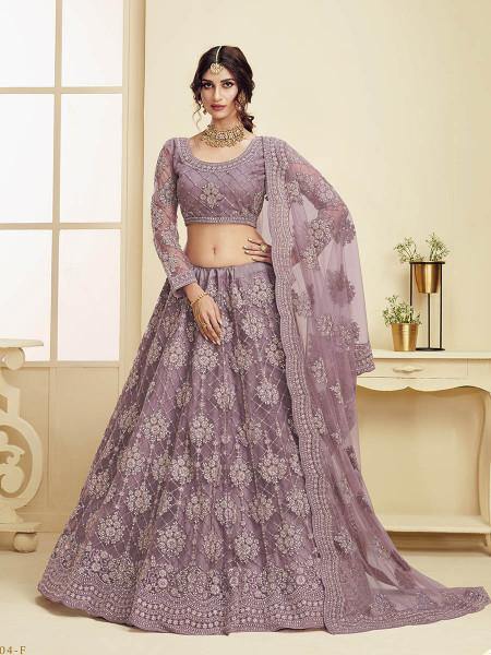Myra Violet Heavy Embroidered Net Bridal Lehenga | Grocsy