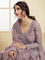 Myra Violet Heavy Embroidered Net Bridal Lehenga | Grocsy