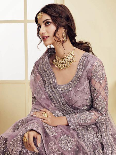 Myra Violet Heavy Embroidered Net Bridal Lehenga | Grocsy