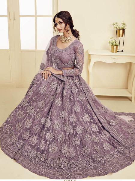 Myra Violet Heavy Embroidered Net Bridal Lehenga | Grocsy