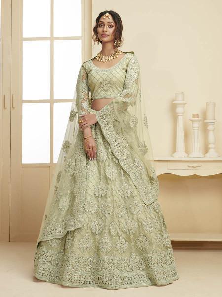 Myra Mint Green Heavy Embroidered Net Bridal Lehenga | Grocsy