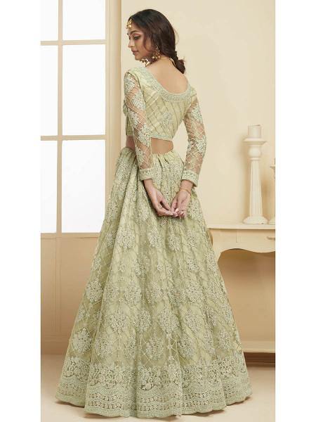 Myra Mint Green Heavy Embroidered Net Bridal Lehenga | Grocsy