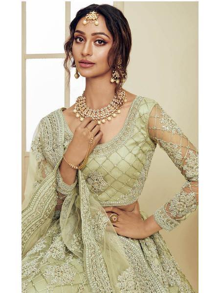 Myra Mint Green Heavy Embroidered Net Bridal Lehenga | Grocsy