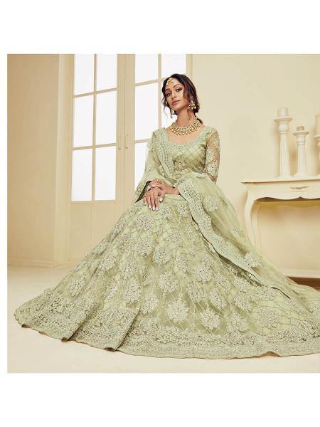 Myra Mint Green Heavy Embroidered Net bridal Lehenga | Grocsy