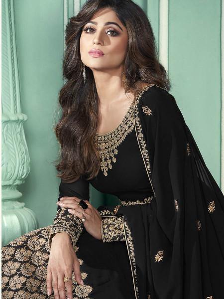 Myra Black and Gold Georgette Embroidered Anarkali Suit | Grocsy