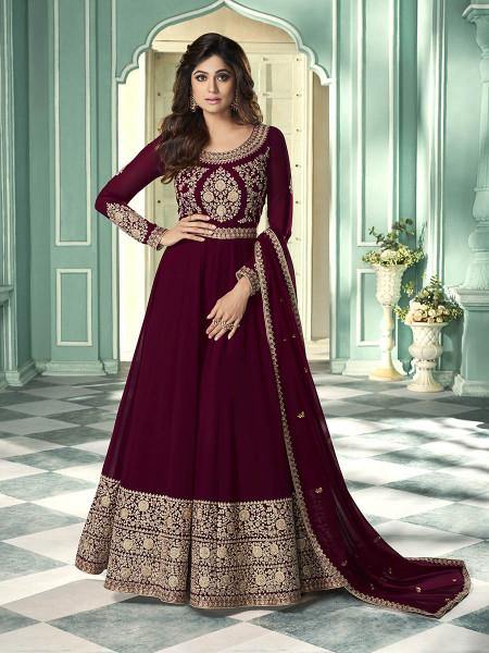 Myra Wine and Gold Georgette Embroidered Anarkali Suit | Grocsy