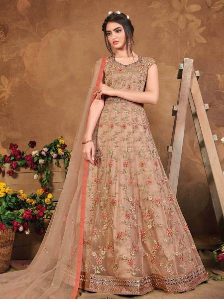 Myra Brown Butterfly Net Embroidered Anarkali Suit | Grocsy